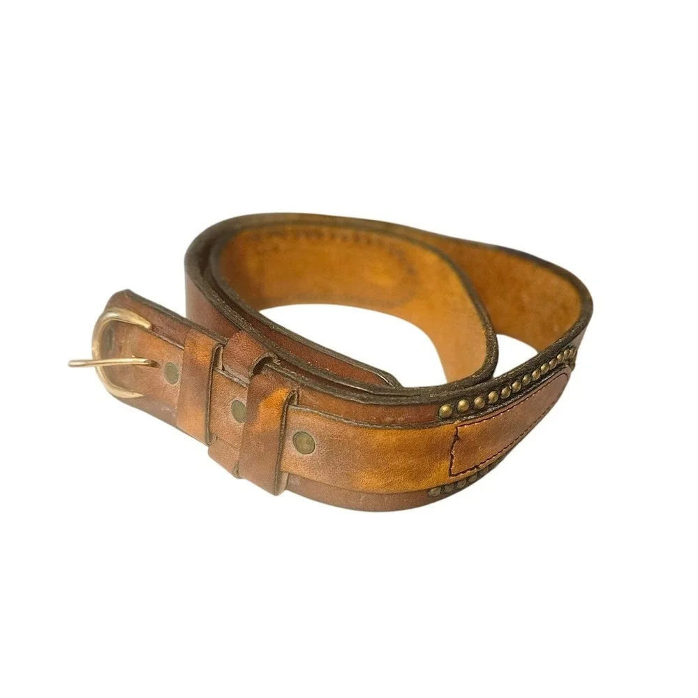 Vintage Studded Genuine Leather Belt Cognac Brown Brass Buckle Boho Western 39in